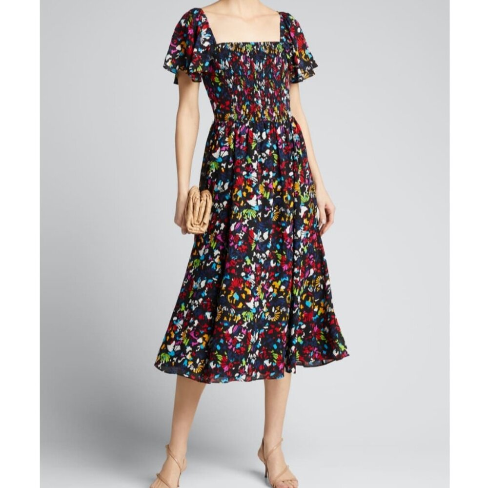 Tanya Taylor Glenda Floral 100% Silk Smocked Midi Dress SMALL